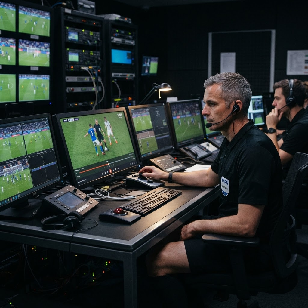 VAR odasında kulaklıklı hakemler, çok sayıda ekranda maç görüntülerini inceliyor